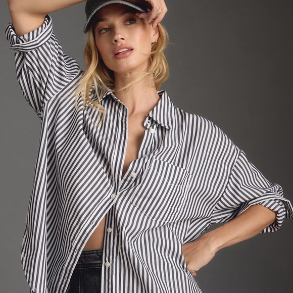 P. Taylor Striped White & Gray Oversized Button Down Shirt - Picture 1 of 13
